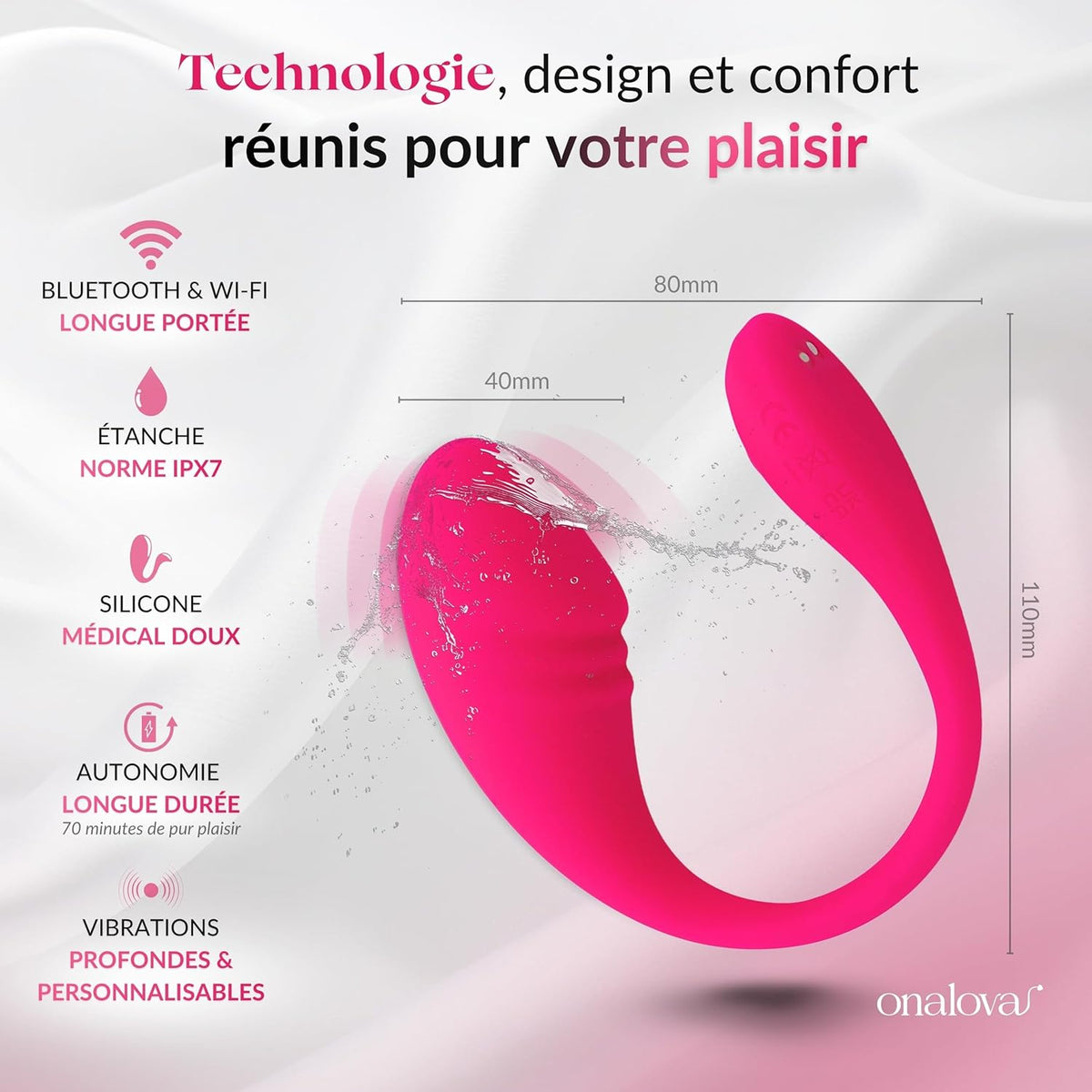 Spécifications techniques LEVO Onalova - Bluetooth WiFi étanche IPX7 silicone médical 70 min autonomie